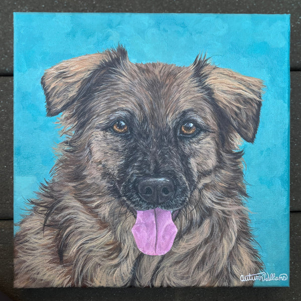 Painting of a dog with a blue background