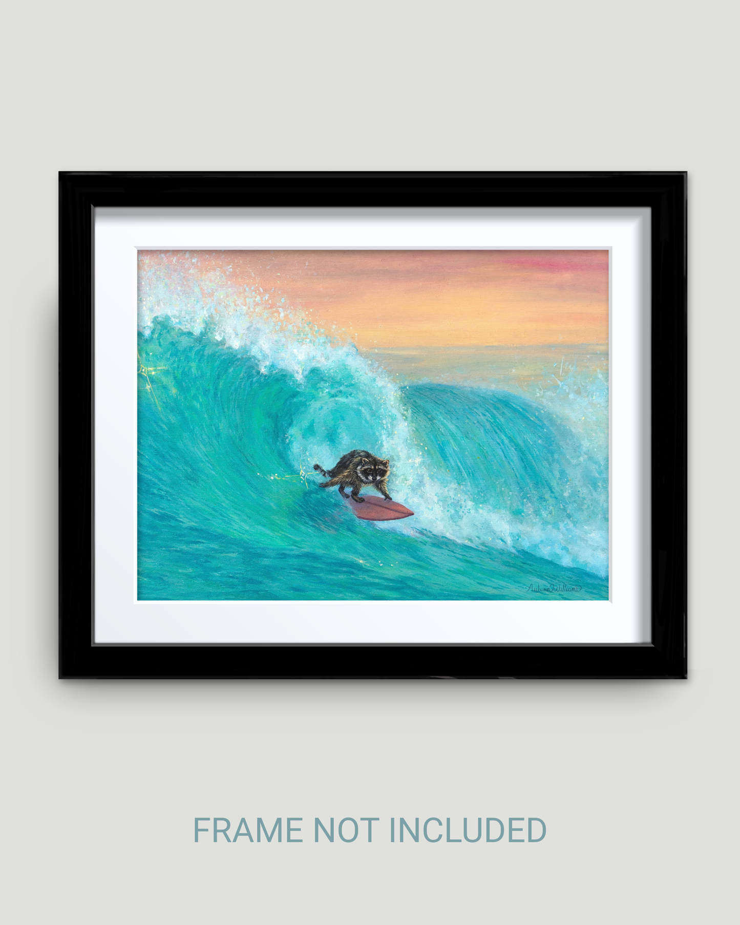 Framed wall art showing a stylized surfer raccoon a large turquoise wave under a pink and orange sky, displayed against a light gray wall with the text 'FRAME NOT INCLUDED' below.