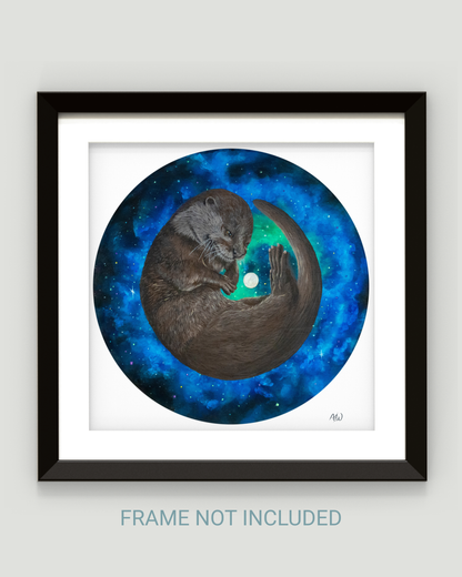 Framed wall art print showing a painted otter curled inside a circular blue galaxy scene with a bright green center, mounted on a white mat against a light gray wall. Text below reads 'FRAME NOT INCLUDED'.