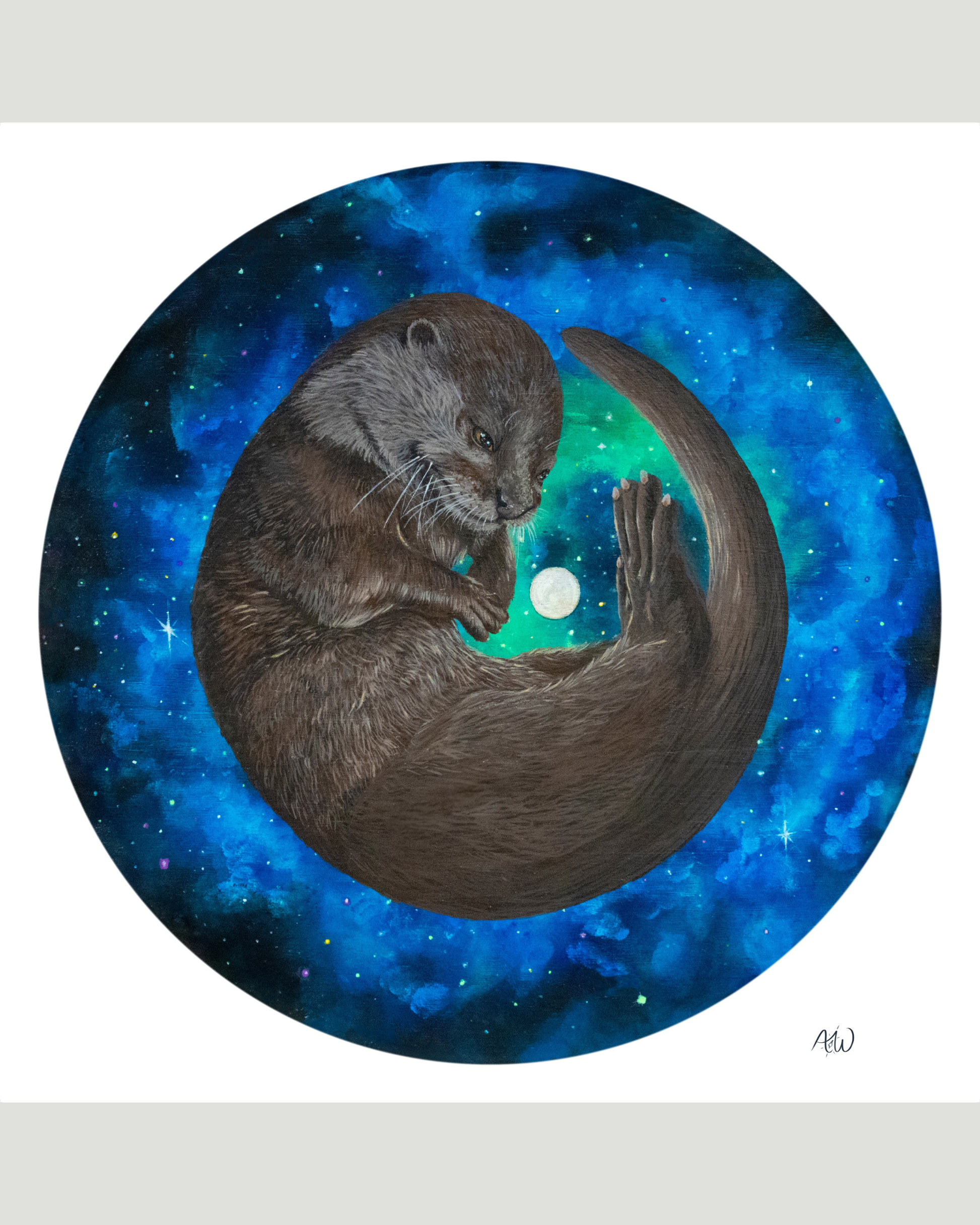 A circular artwork featuring a curled brown otter against a vivid blue and teal galaxy background, with a small white moon-like circle in the center. The print is shown on a light gray background with a small artist signature in the lower right.