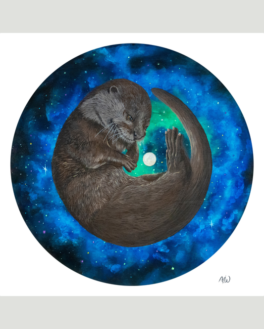 A circular artwork featuring a curled brown otter against a vivid blue and teal galaxy background, with a small white moon-like circle in the center. The print is shown on a light gray background with a small artist signature in the lower right.
