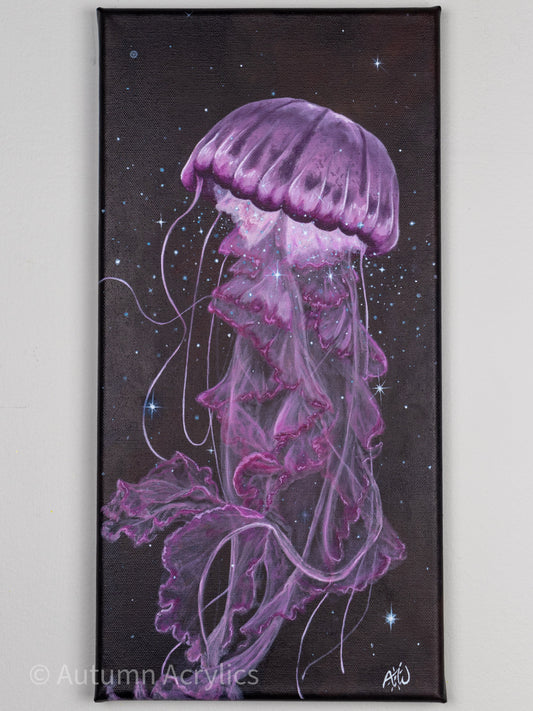 A vibrant acrylic painting on canvas featuring a striped sea nettle jellyfish with a cosmic background and newborn stars emerging from its bell.