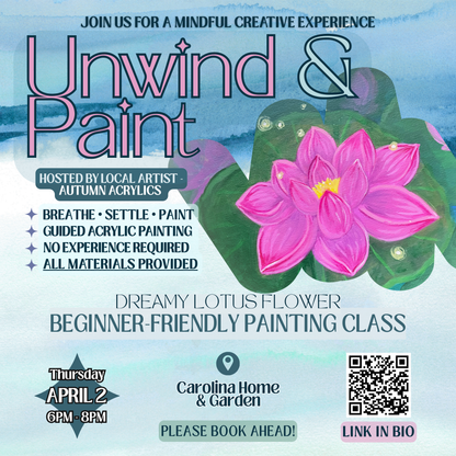 Promotional flyer for a painting class with a pink lotus flower on a blue background.