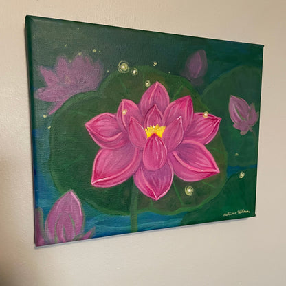 Painting on canvas with a pink flower design on a plain background