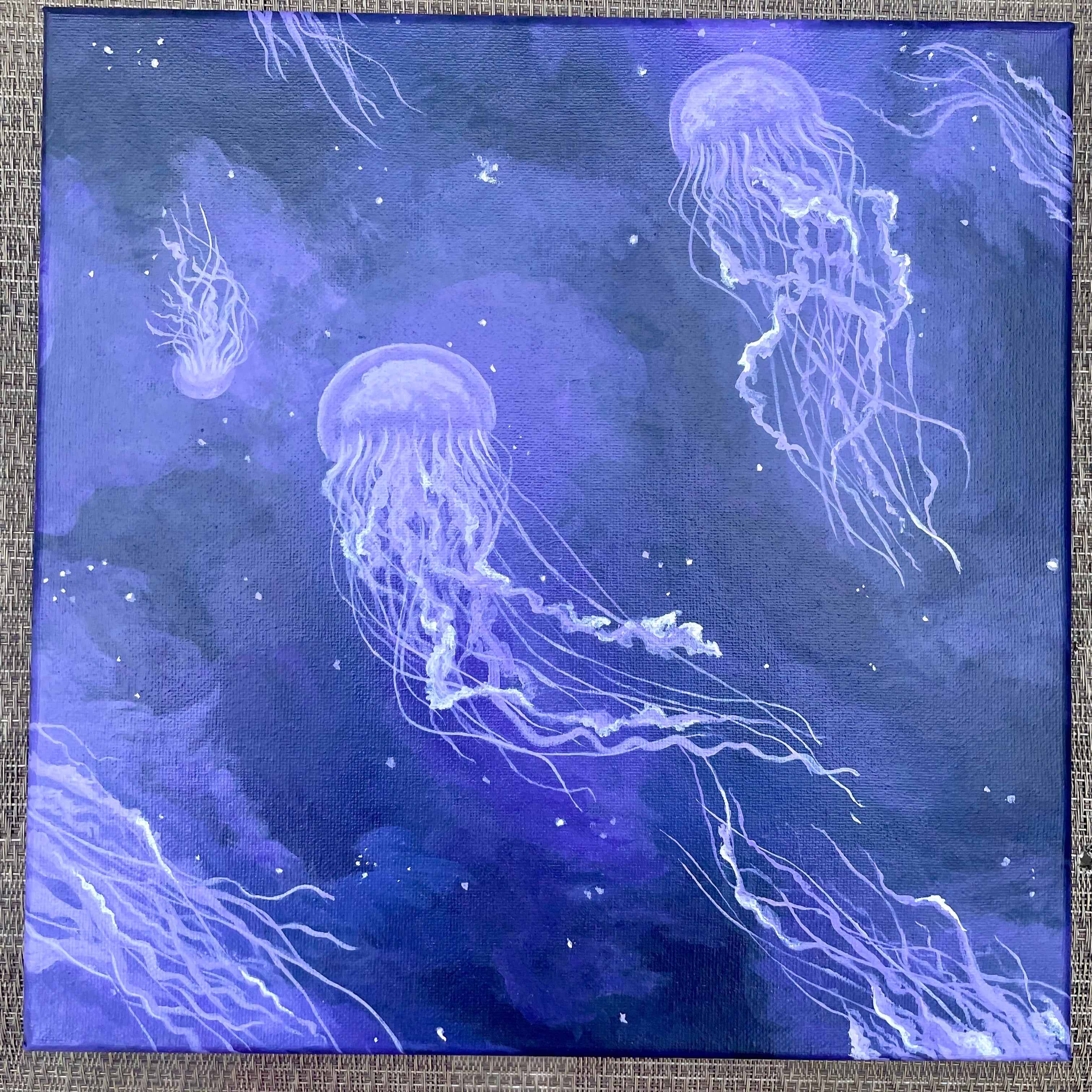 Painting of glowing jellyfish on a deep purple background