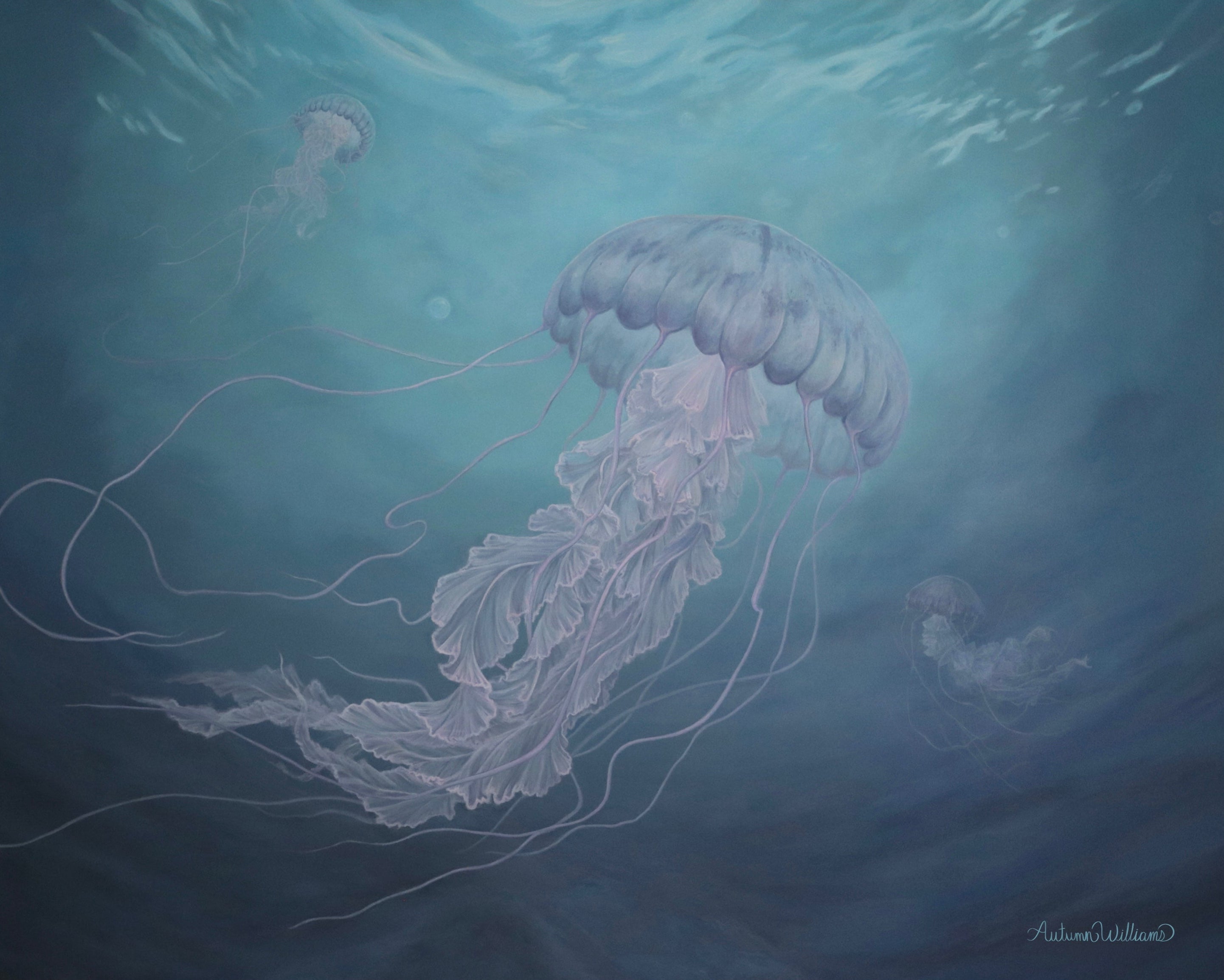 Acrylic painting of jellyfish swimming in an underwater setting with light reflections shining from above