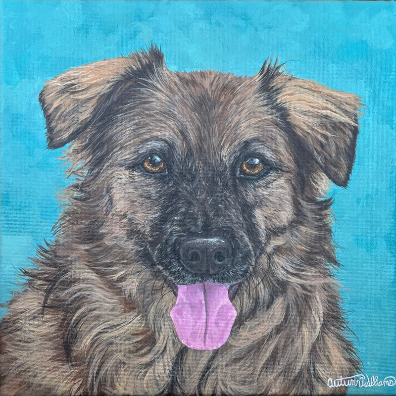 Painting of a dog with a blue background