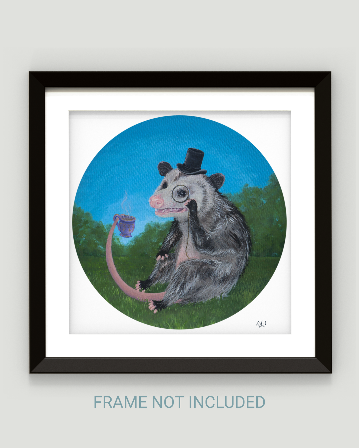 Framed art print featuring a whimsical illustration of an opossum wearing a top hat and monocle, sitting in a grassy field under a bright blue sky. The print is shown with a black frame and white mat, on a light gray background, with text below reading 'FRAME NOT INCLUDED'.