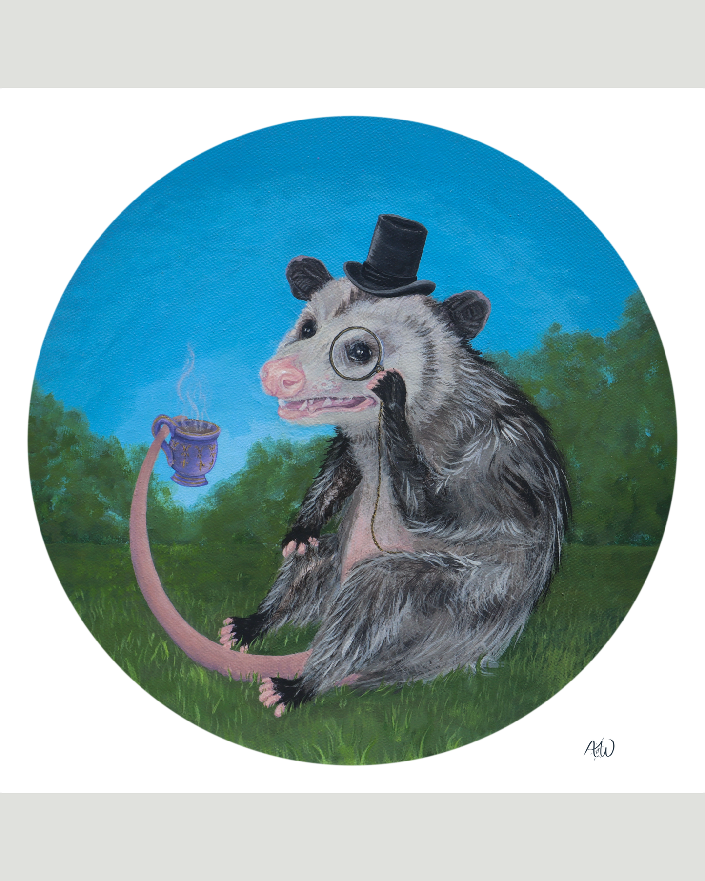 A circular painted illustration of an opossum sitting on grass under a blue sky, wearing a small black top hat and holding a purple mug.