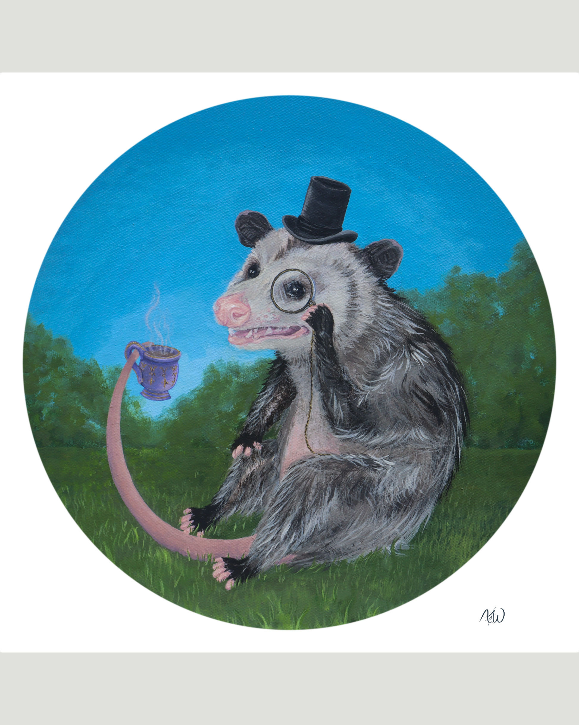 A circular painted illustration of an opossum sitting on grass under a blue sky, wearing a small black top hat and holding a purple mug.