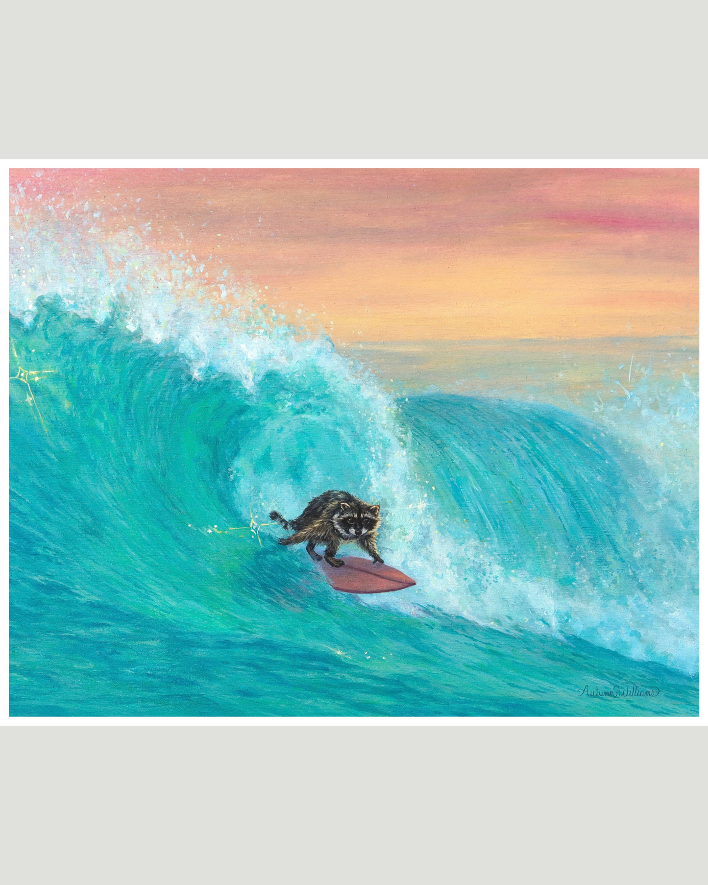A colorful print of a painting of a raccoon surfing on a large turquoise ocean wave under a pink and orange sunset sky, shown with a white border on a light gray background.