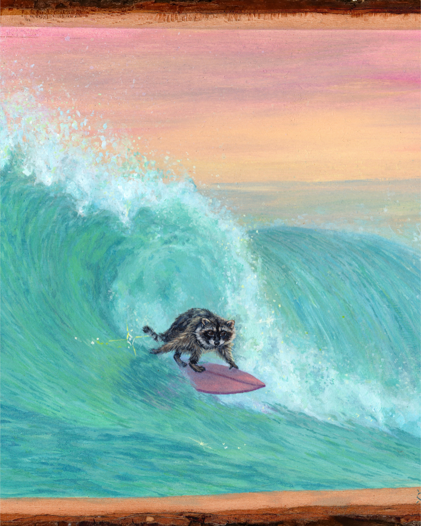 A whimsical acrylic painting on live edge wood. Artwork showing a raccoon surfing on a pink surfboard on a large turquoise ocean wave under a soft pink and peach sky.