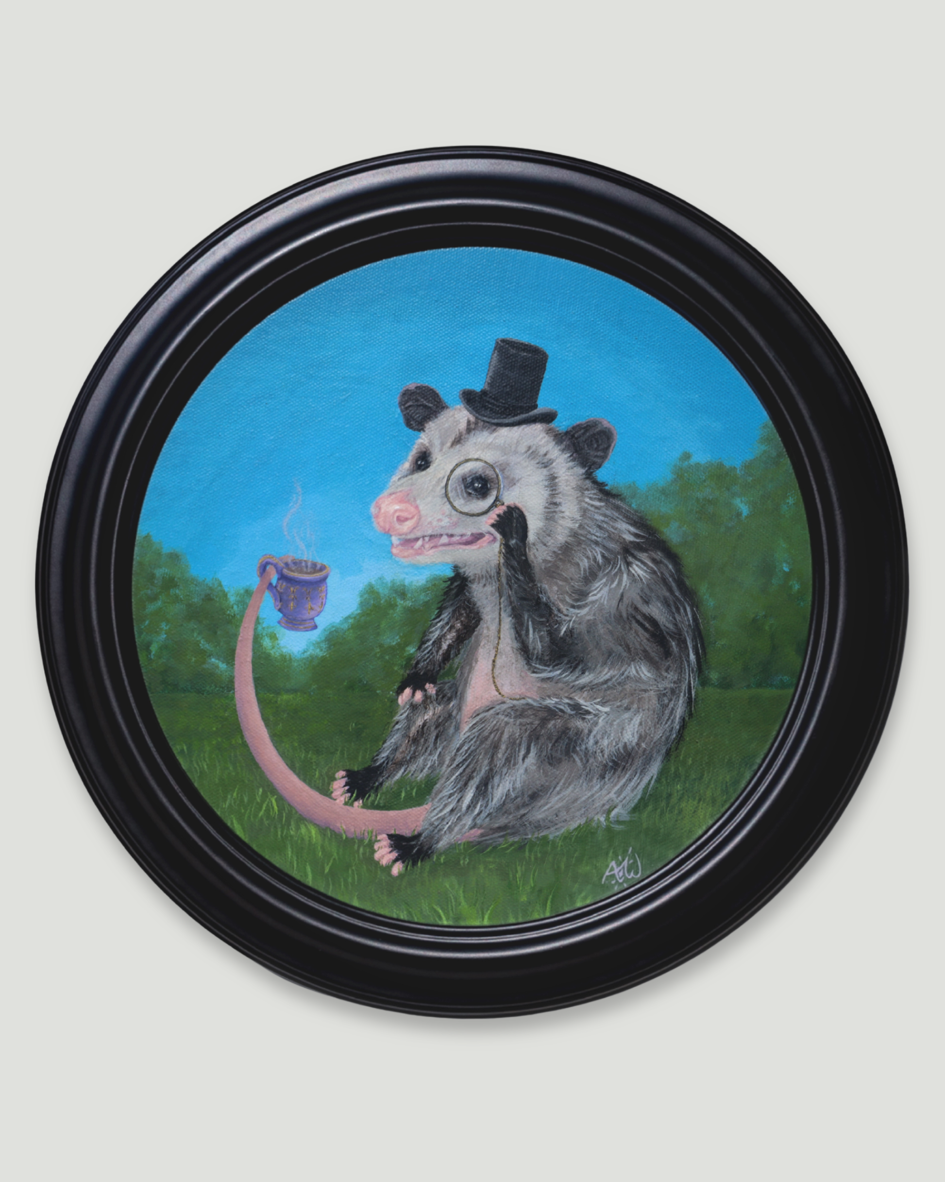 A framed circular acrylic painting featuring a whimsical painting of an opossum wearing a black top hat and monocle, sitting on green grass and holding a purple teacup against a blue sky background.