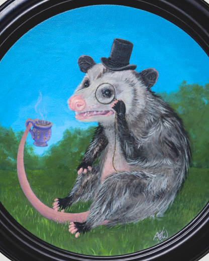 A circular framed painting of an opossum sitting in a grassy field under a bright blue sky. The opossum wears a black top hat and holds a purple mug with a long pink tail extending to the left.