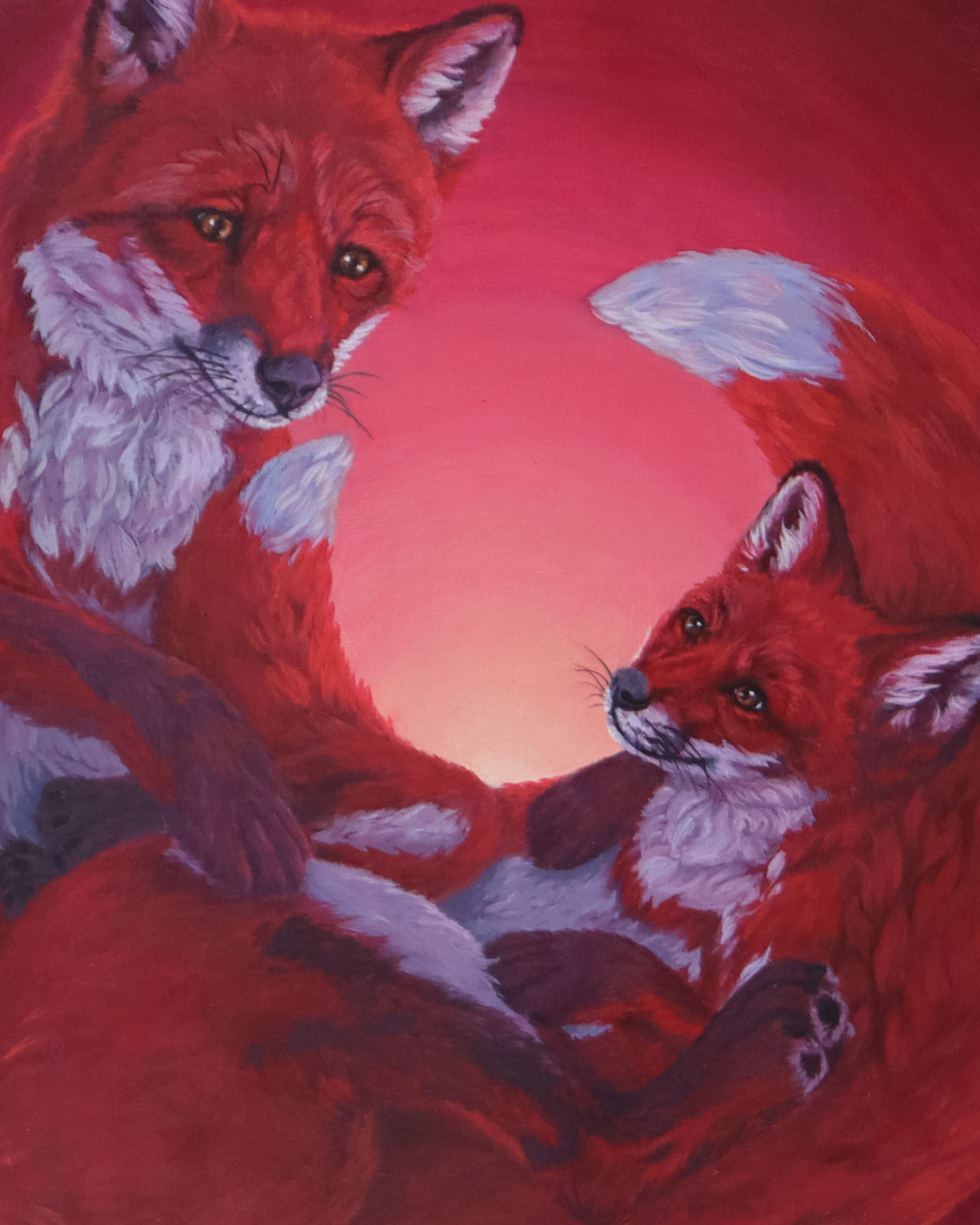 A painted artwork of two red foxes, one adult and one young, rendered in warm red, pink, orange, and white tones against a glowing red background.