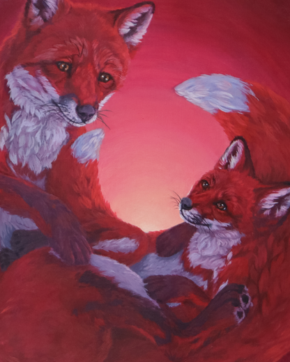 A painted artwork of two red foxes, one adult and one young, rendered in warm red, pink, orange, and white tones against a glowing red background.