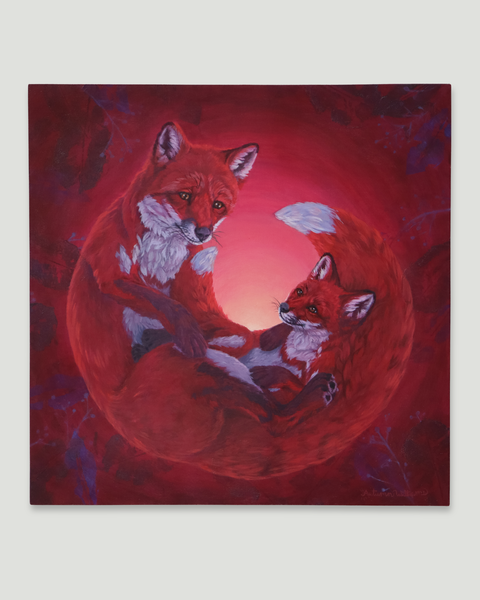 A square wood panel canvas painting depicting a mother fox and her cub curled up in a circle against a glowing red and pink background, shown against a light gray wall.